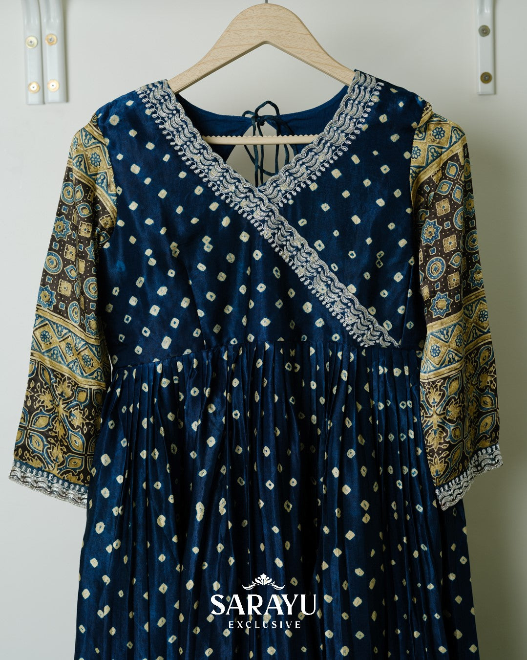 Indigo Blue Bandhini printed Pure Gaji Silk Longfrock